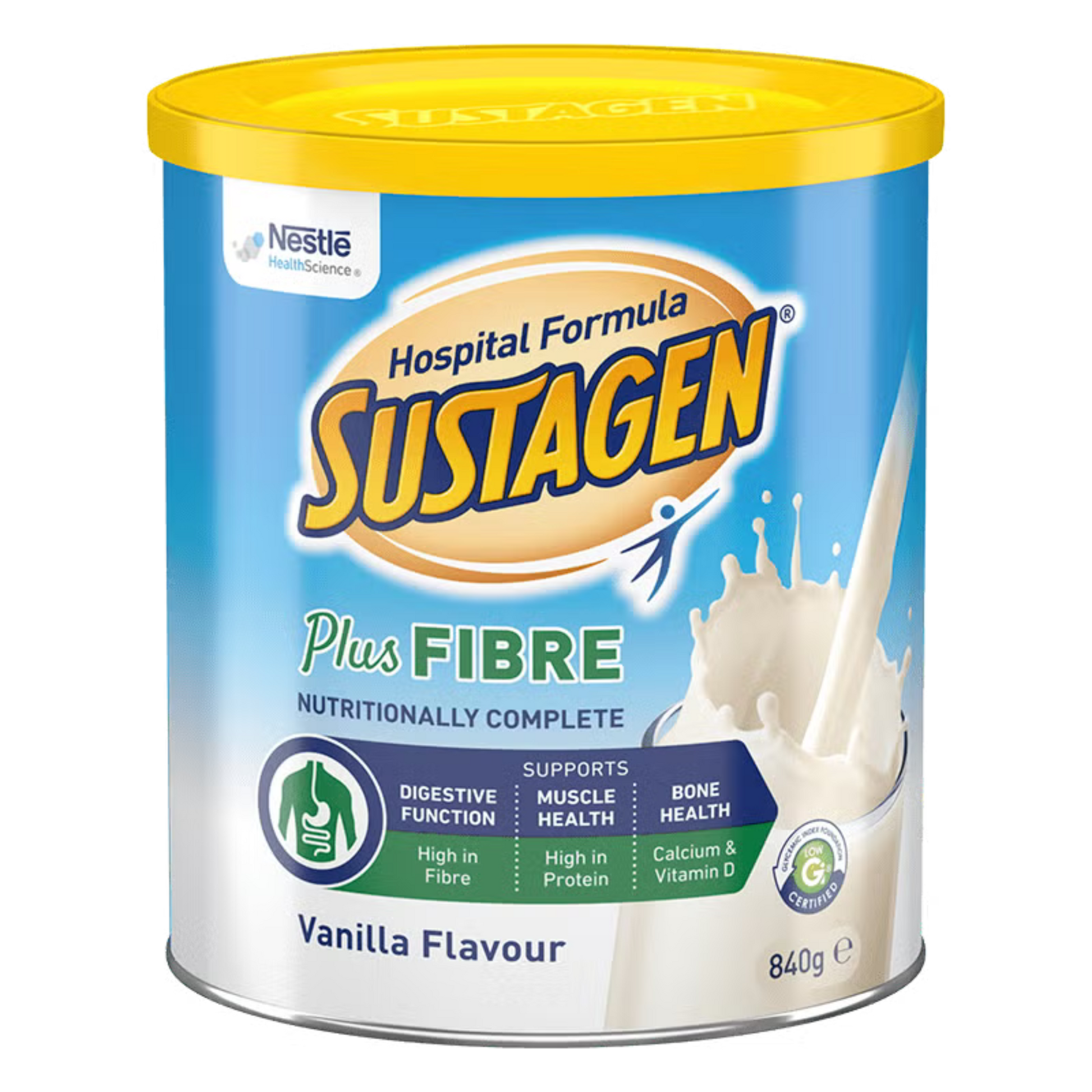Sustagen Plus Fibre supplement container with yellow lid on a white background