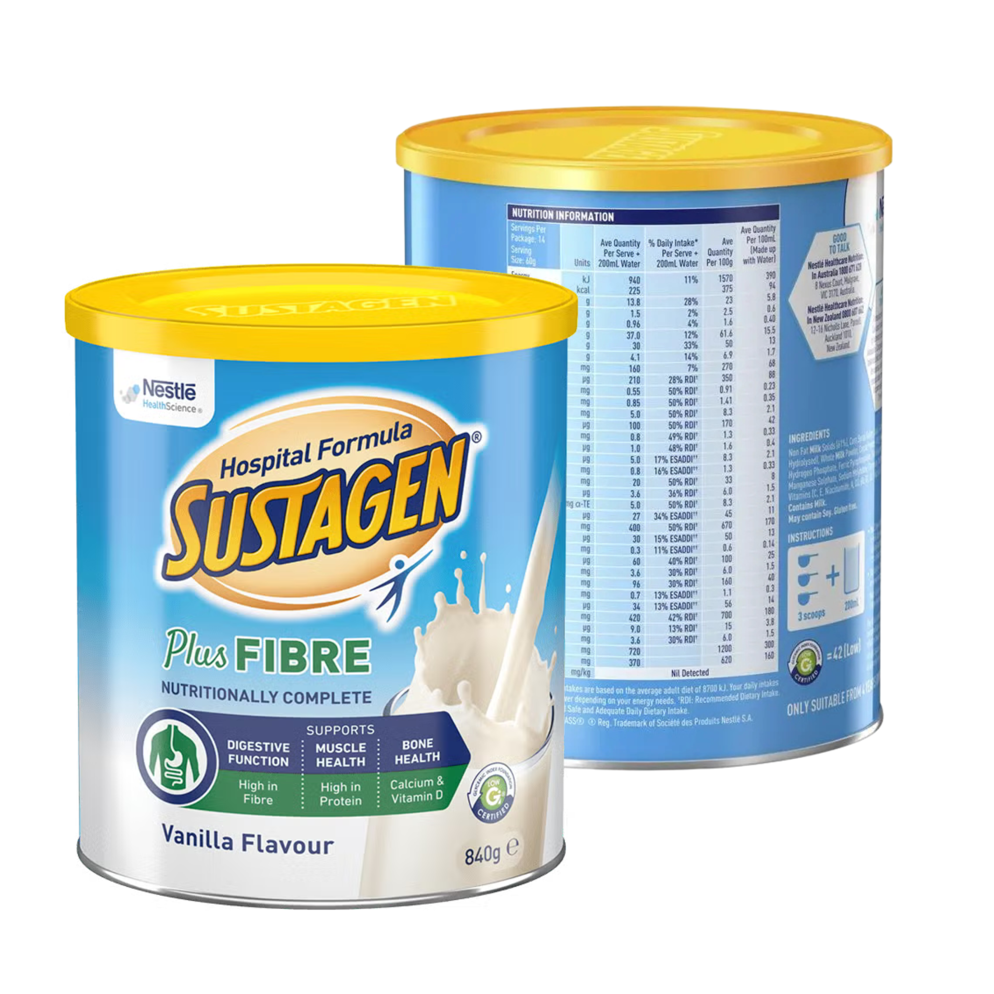 Two containers of Sustagen Hospital Formula with yellow lids on a white background