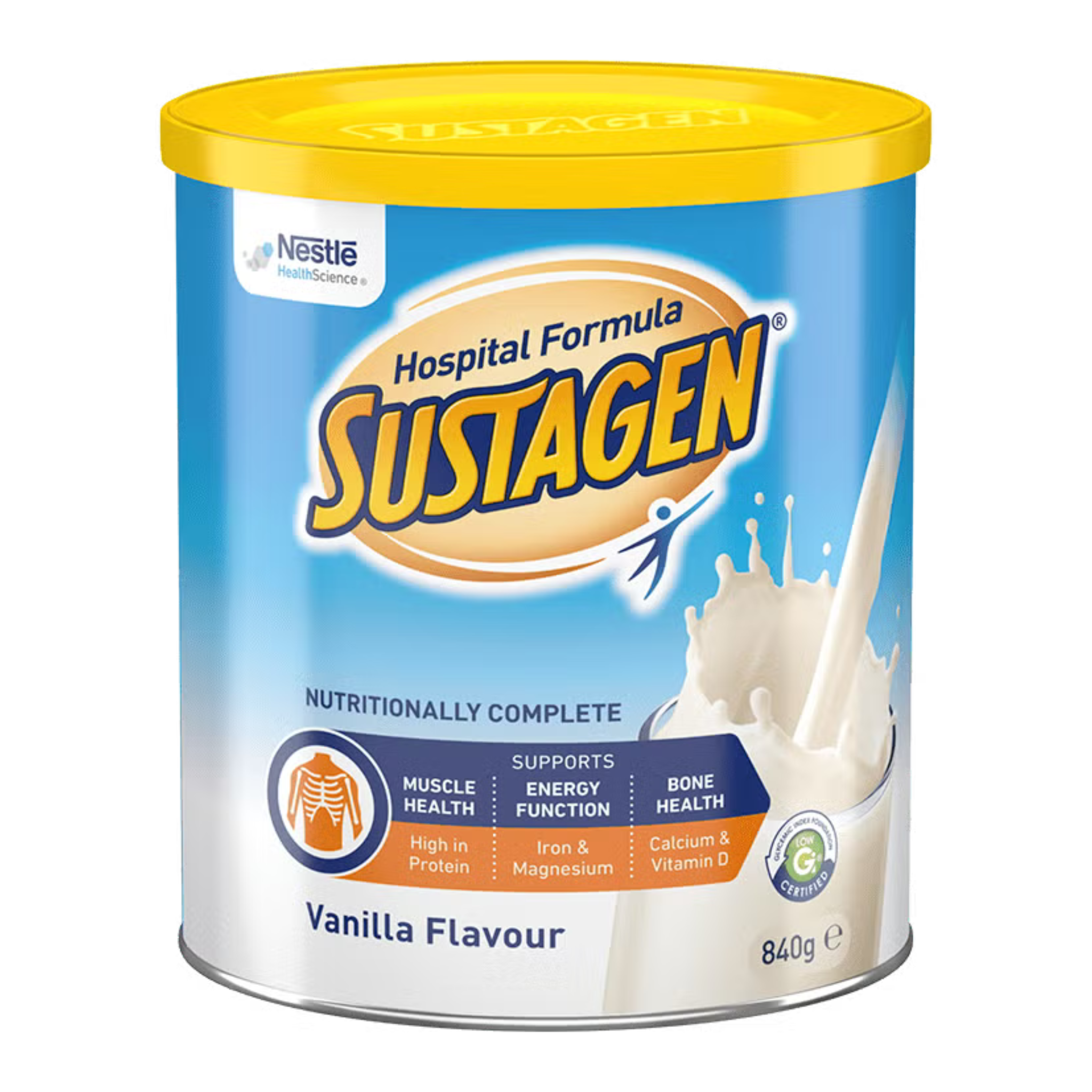 Sustagen Vanilla Flavour powder container with Nestle logo on a white background