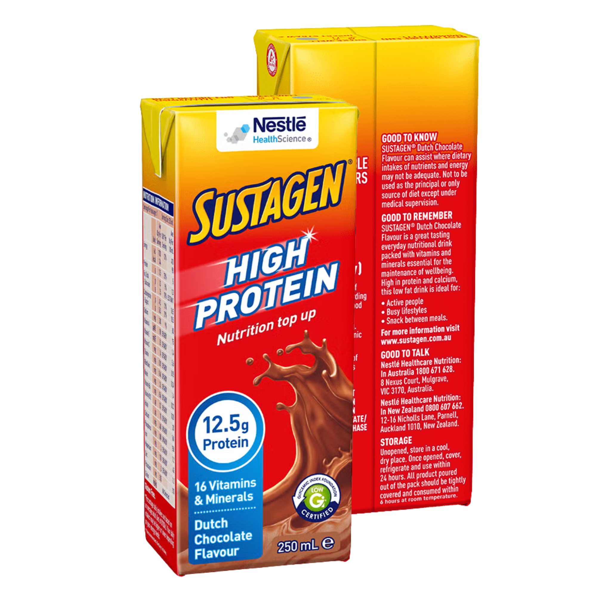 Nestle Sustagen High Protein nutrition top up packaging with Dutch Chocolate flavor on a white background
