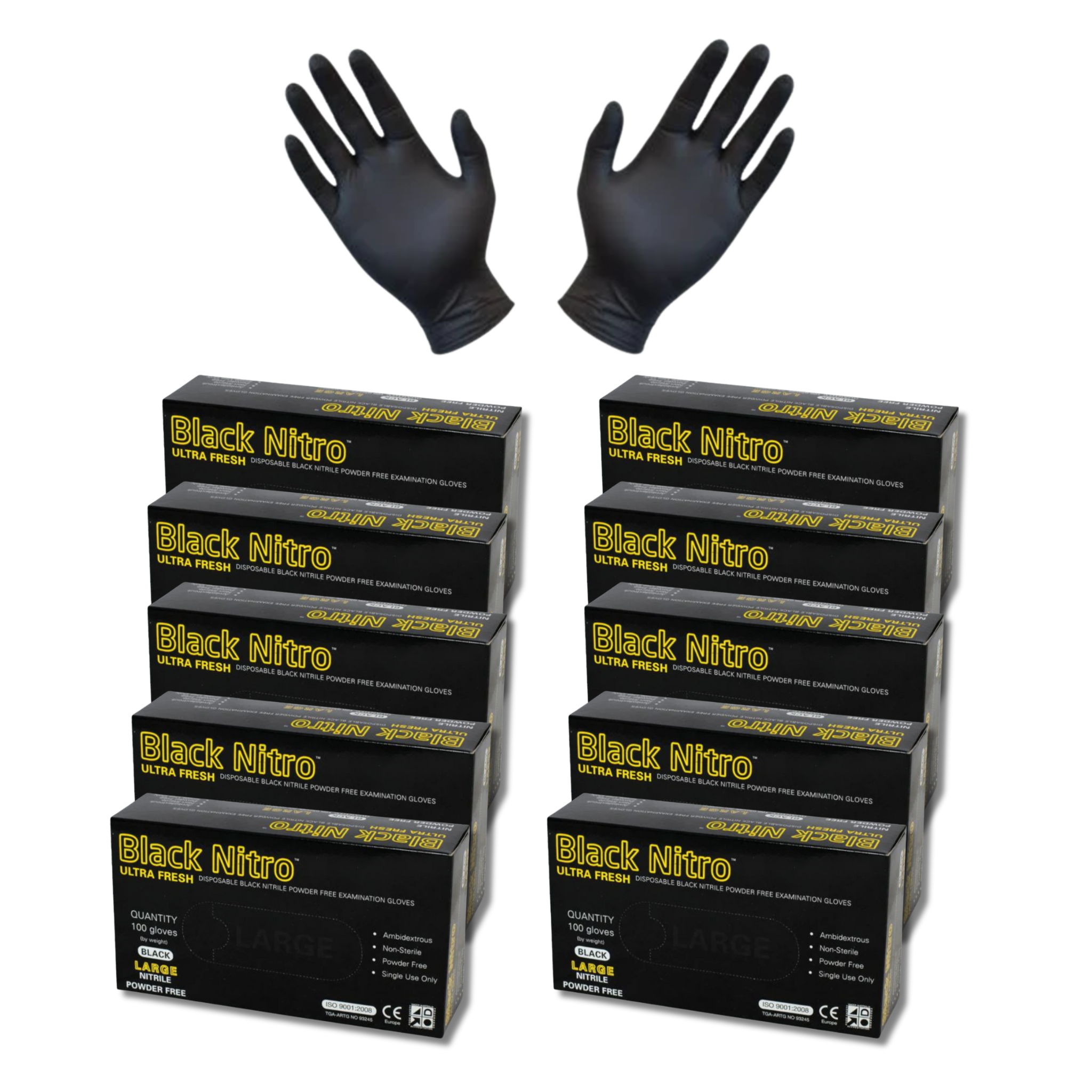Black Nitro gloves and boxes on a white background