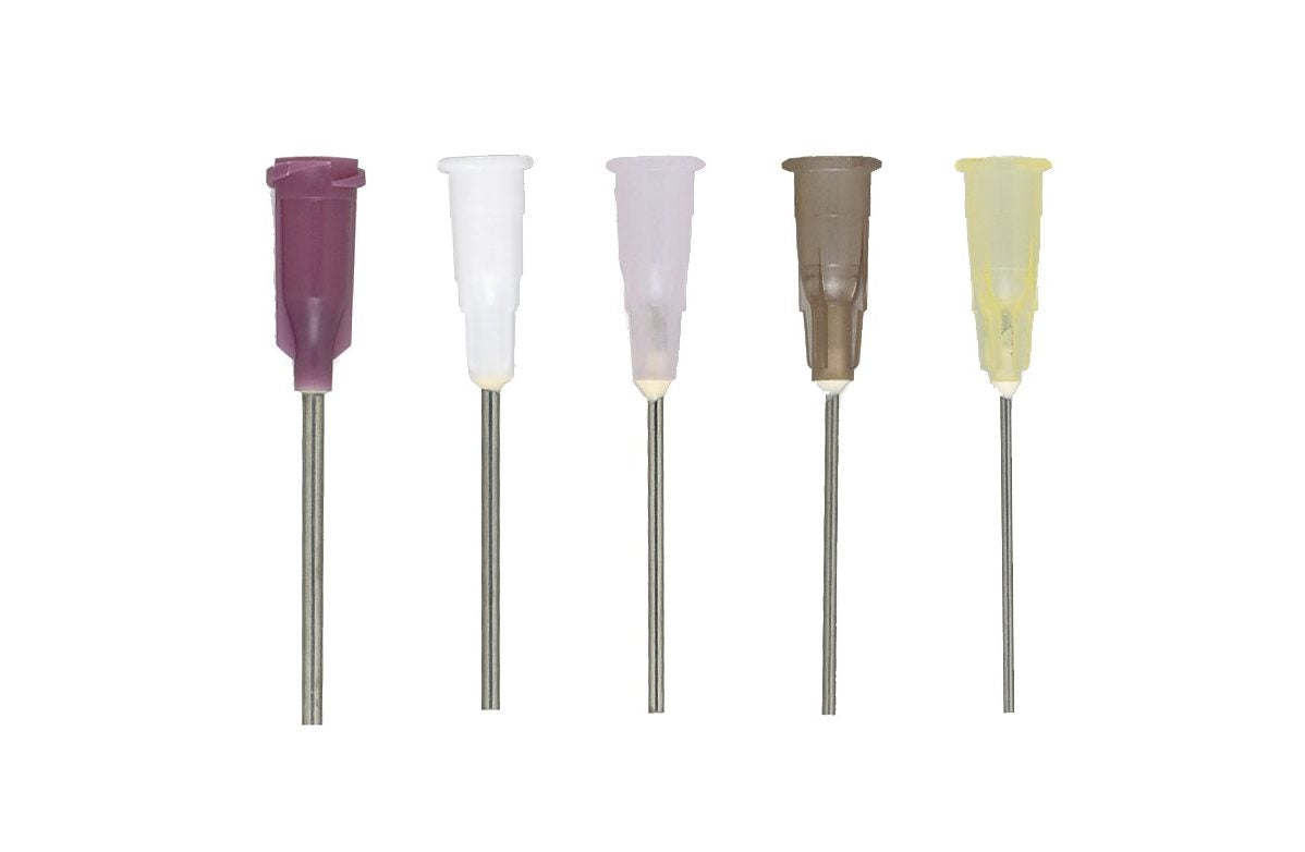 Nitrospray cryotherapy spray tips in 16, 17, 18, 19 and 20 gauge, shown side by side