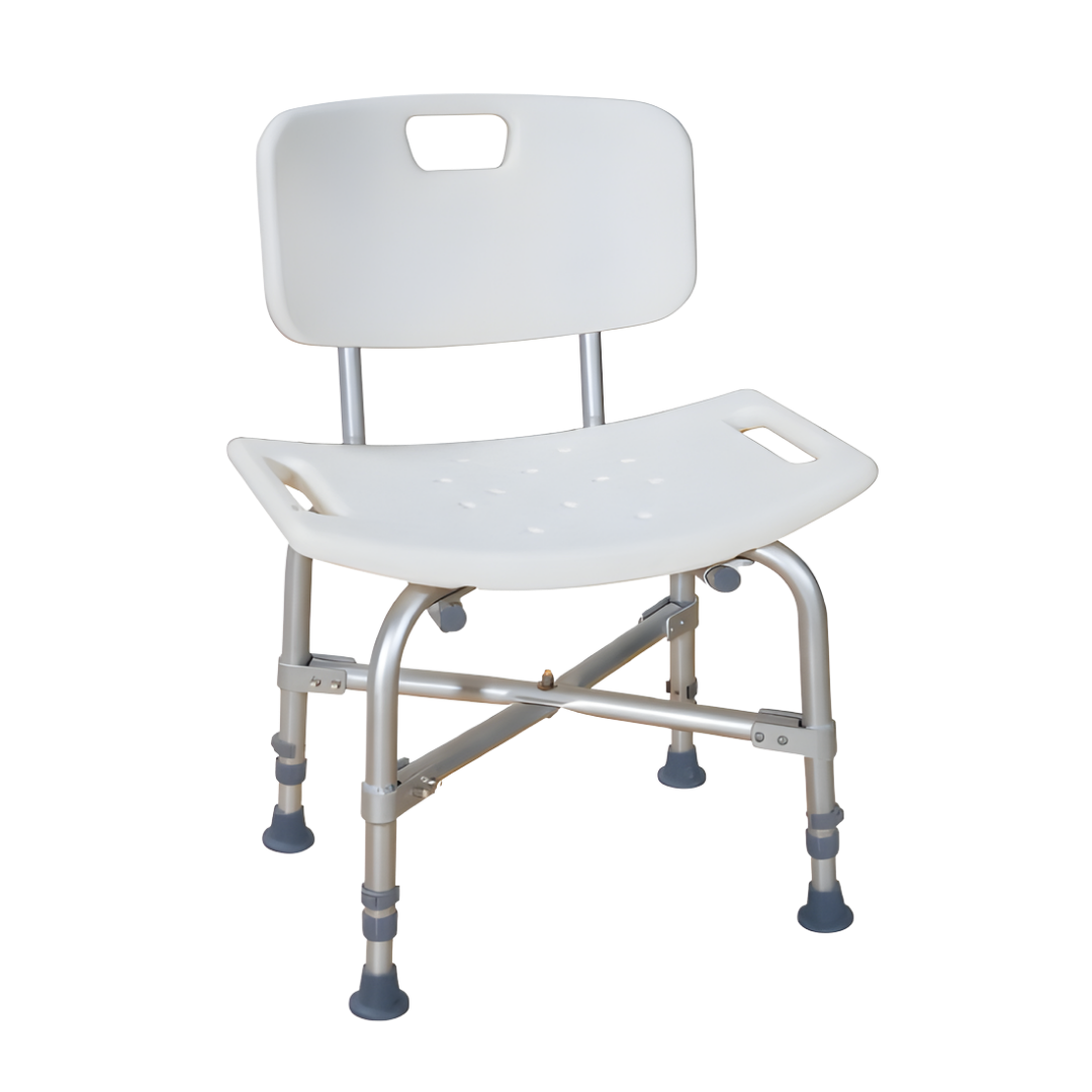 Compact bariatric shower stool with reinforced frame, no arms, non-slip feet, designed for safe bathroom use.