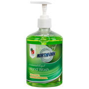 A pump bottle of Northfork GECA Liquid Hand Wash Antibacterial with a green label, 500ml size.