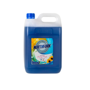 A blue plastic container of Northfork Laundry Liquid Antibacterial with a white label featuring product information and branding.