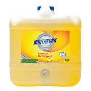 A yellow plastic container of Northfork Lemon Detergent with branding and product information on the label.