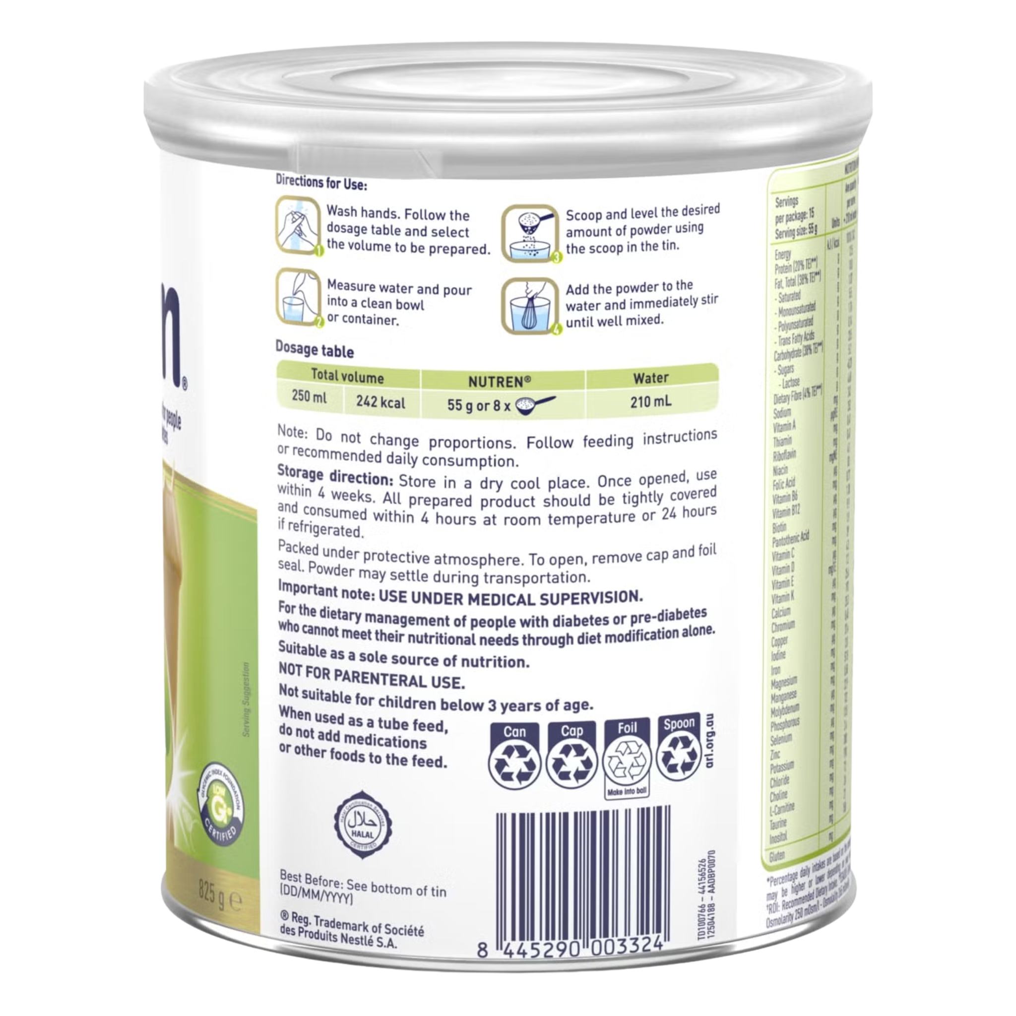 Nutritional supplement can with label and instructions on a white background
