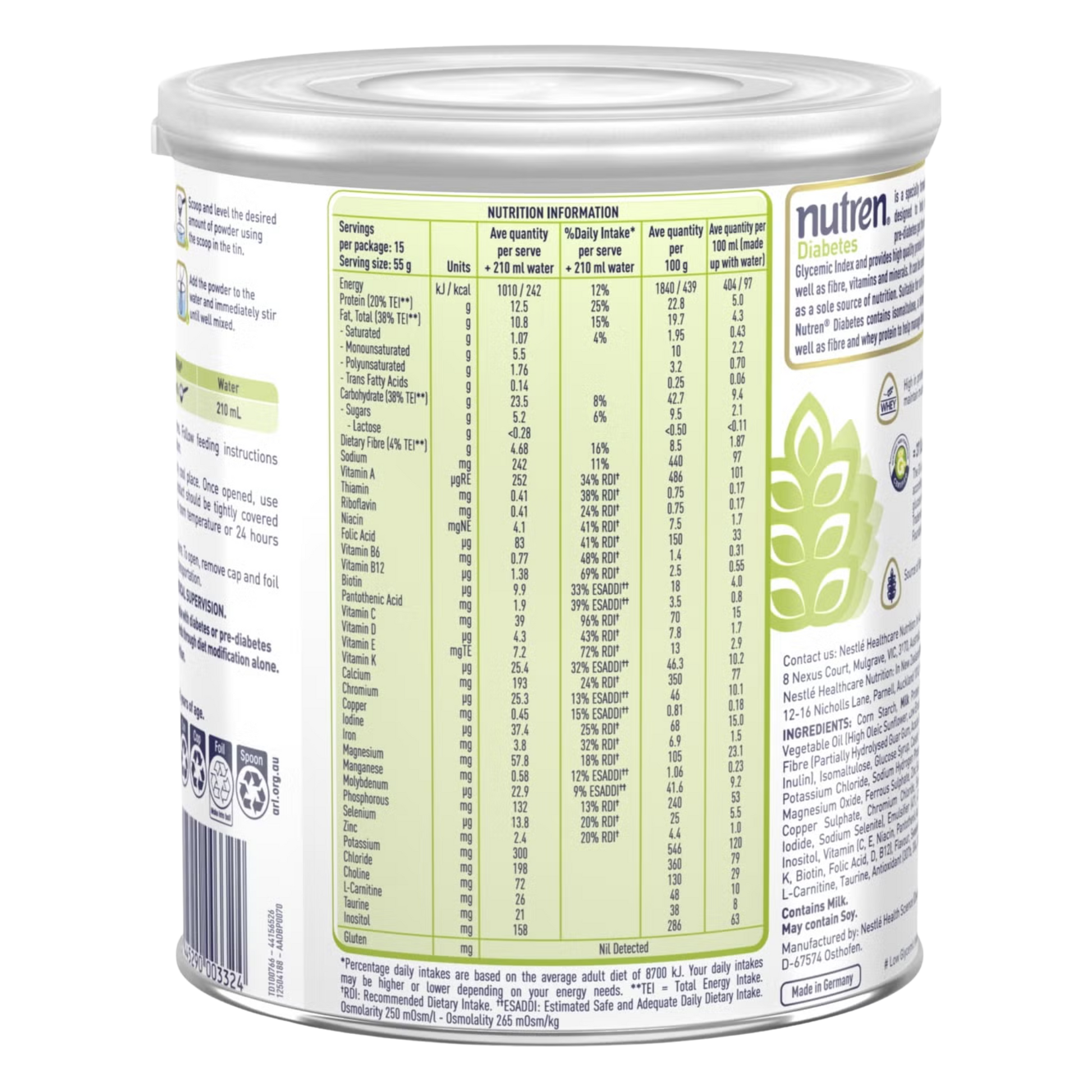 Nutren supplement container with nutritional information on a white background