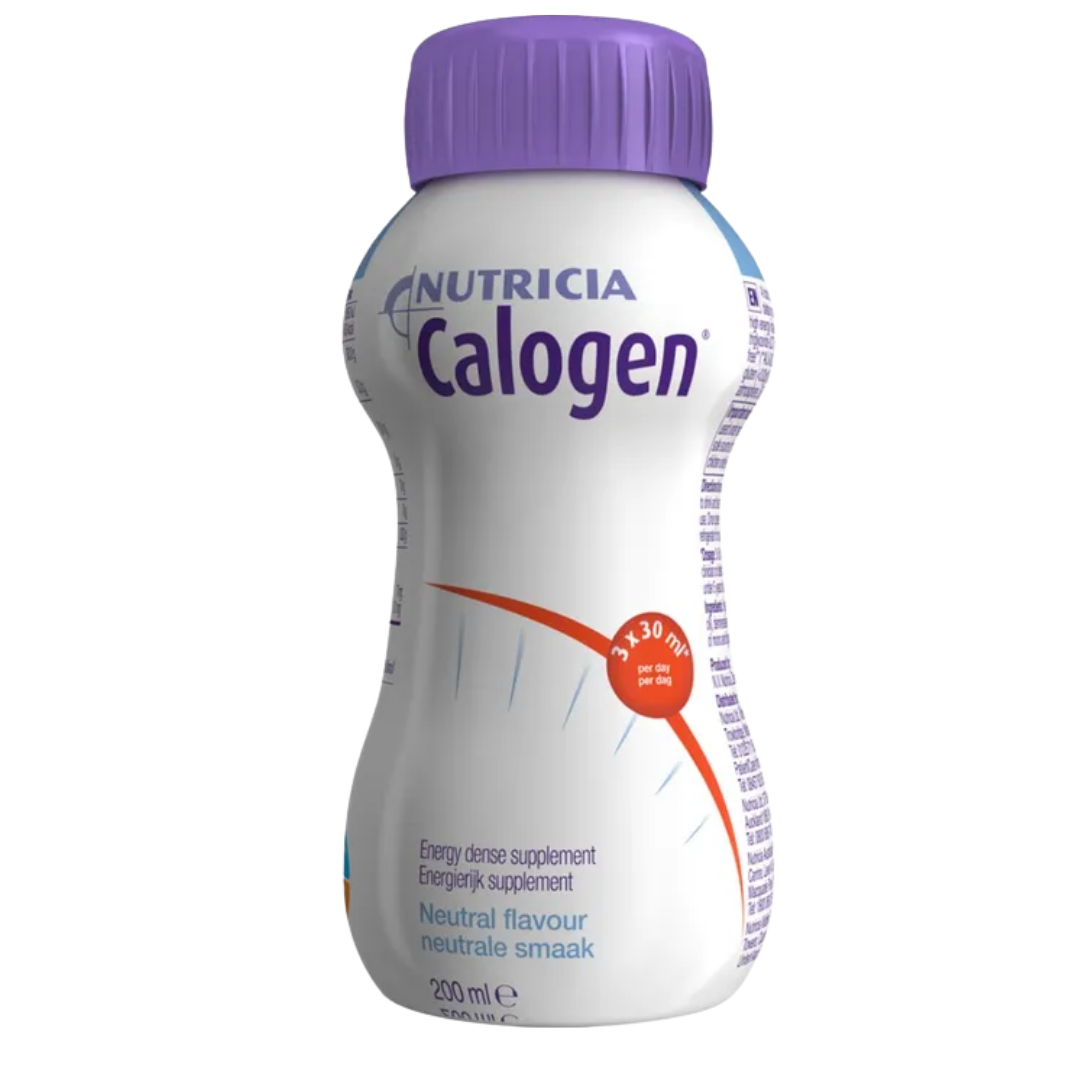 Calogen oral nutritional supplement in Neutral and Strawberry 200 mL, high‑energy formula providing 4.5 kcal/mL for patients needing concentrated nutrition.