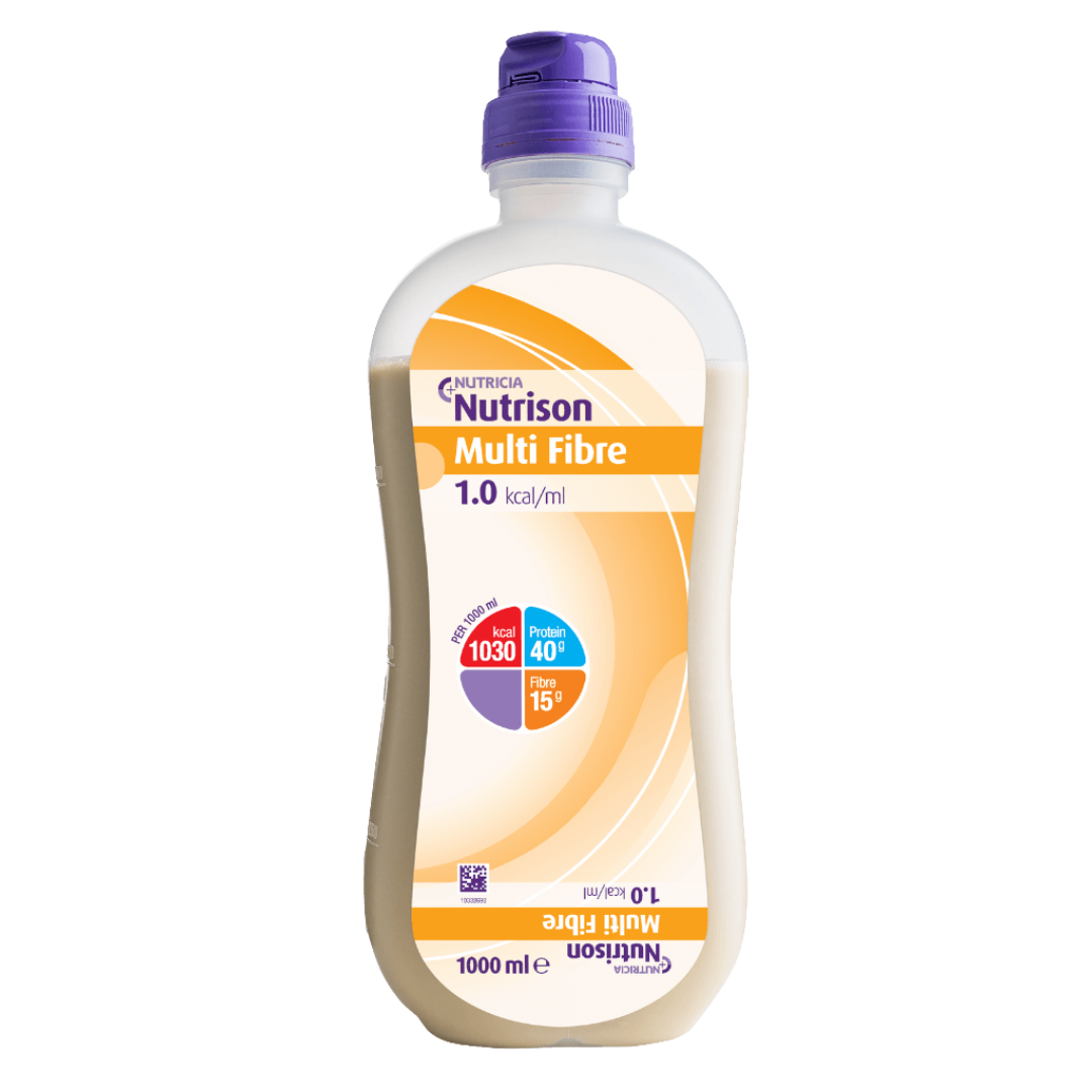 Nutrison Multi Fibre OpTri Bottle – fibre-enriched, complete enteral nutrition with MF6 blend and OpTri packaging for digestive health and long-term care.