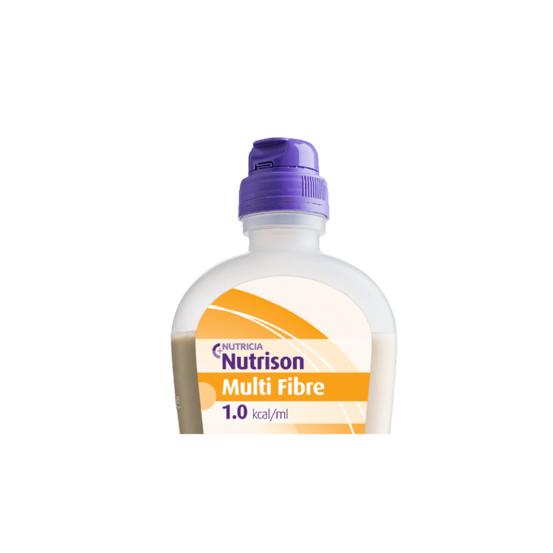 Nutrison Multi Fibre OpTri Bottle – fibre-enriched, complete enteral nutrition with MF6 blend and OpTri packaging for digestive health and long-term care.