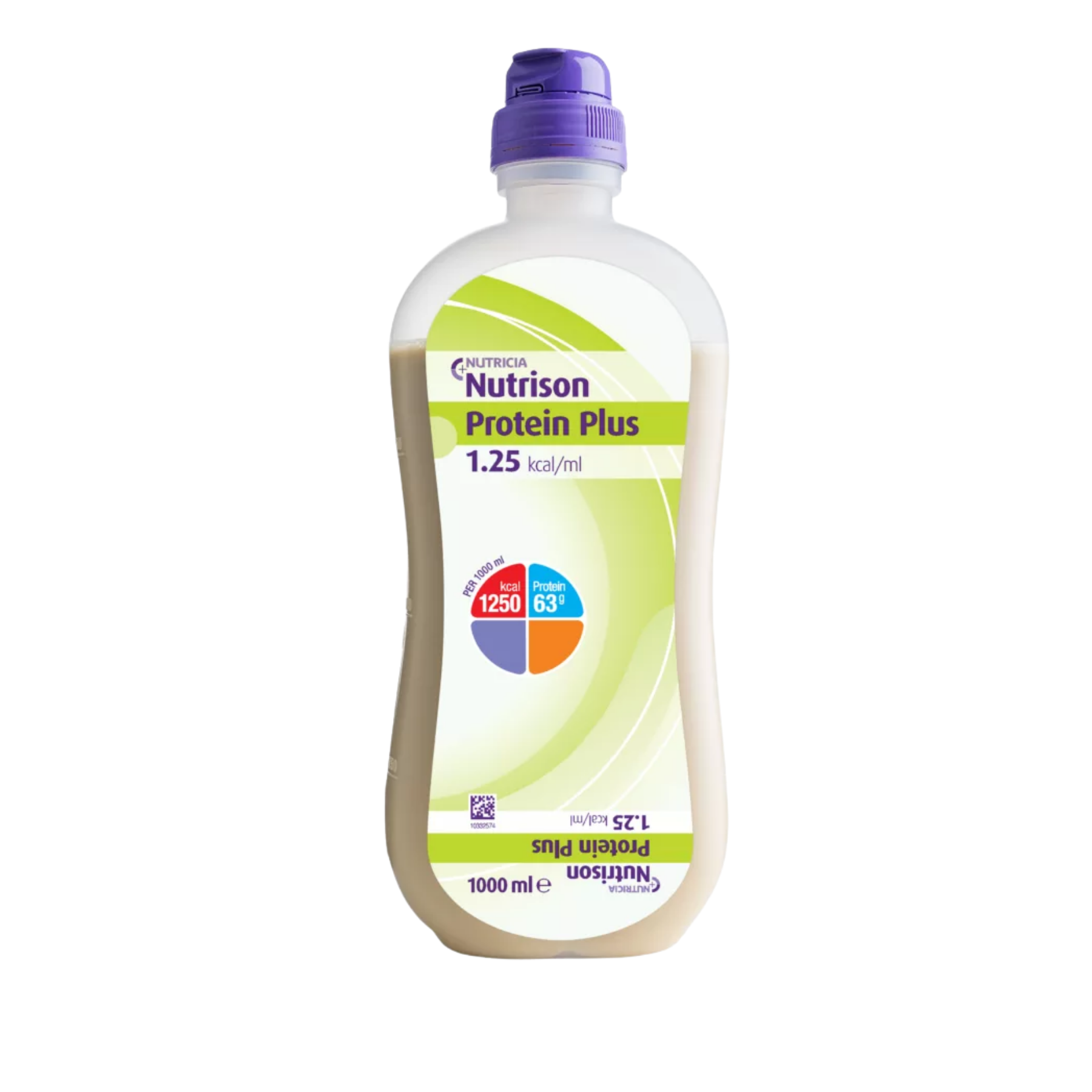 Nutricia Nutrison Protein Plus 1000ml OpTri enteral feeding bottle displaying 1.25 kcal/ml energy density and 63g protein content.
