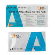 Front and back packaging of an ALL TEST COVID-19 Antigen Rapid Test Kit (Oral Fluid) single-test pack on a transparent background.