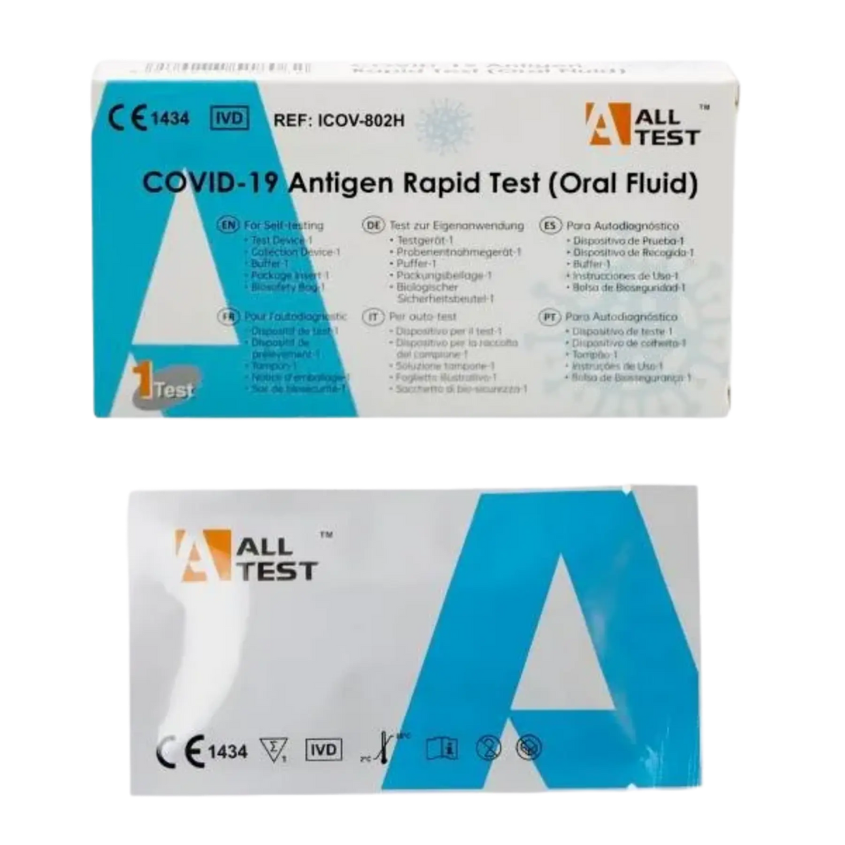 Front and back packaging of an ALL TEST COVID-19 Antigen Rapid Test Kit (Oral Fluid) single-test pack on a transparent background.