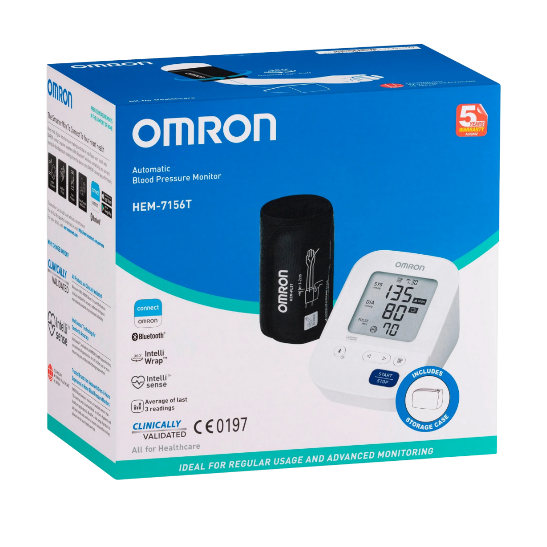 Omron HEM7156T blood pressure monitor with IntelliWrap cuff and Bluetooth connectivity for accurate home and clinical use.