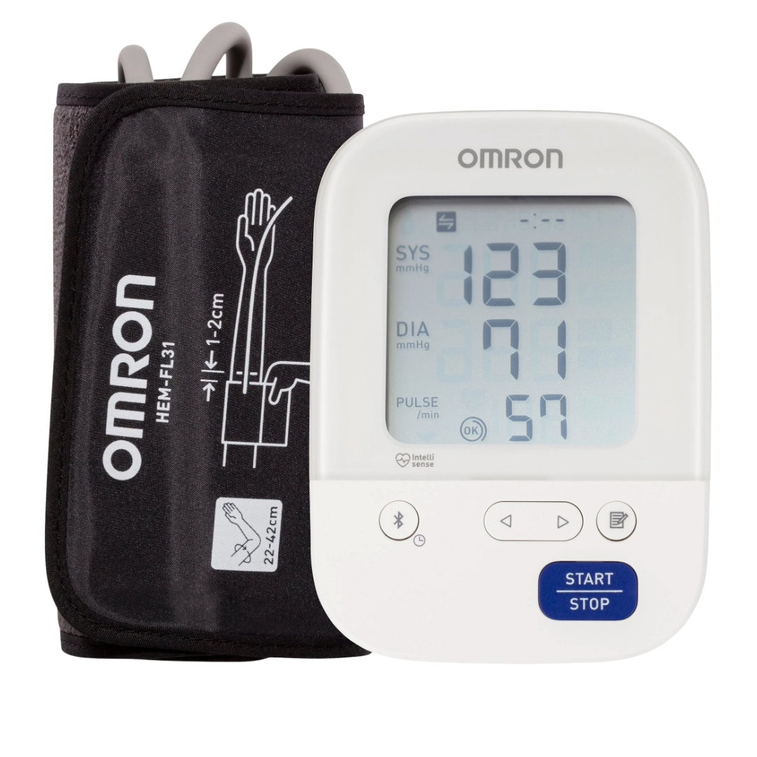 Omron HEM7156T blood pressure monitor with IntelliWrap cuff and Bluetooth connectivity for accurate home and clinical use.