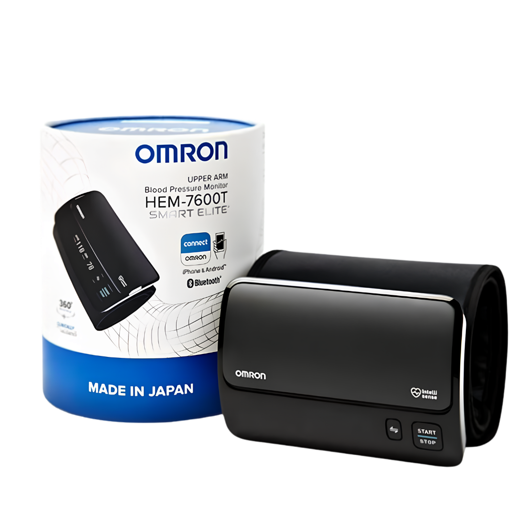 Omron Smart Elite Plus HEM7600T blood pressure monitor with tubeless IntelliWrap cuff and Bluetooth for accurate, comfortable home monitoring.