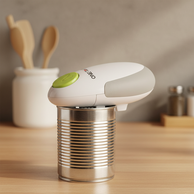 Can opener on a can with kitchen utensils in the background