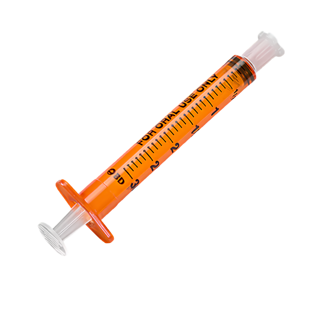 3ml Oral Med Syringe Amber by Cardinal Health, box of 100, clear scale for accurate dosing, protects light‑sensitive liquid medications.