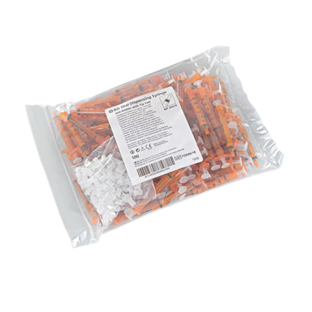 3ml Oral Med Syringe Amber by Cardinal Health, box of 100, clear scale for accurate dosing, protects light‑sensitive liquid medications.