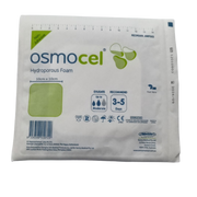 OsmoCel hydroprous foam dressing in individual pack, size 10cm x 10cm. Ideal for managing moderate exudate and promoting wound healing.