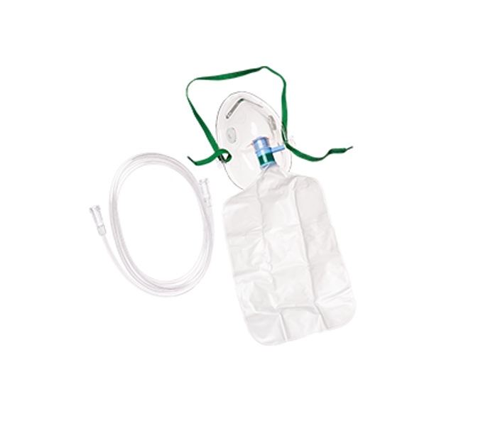 Sterile single-use oxygen mask with reservoir bag, 2.1m kink-resistant tubing, designed for high-concentration oxygen therapy in clinical care settings.