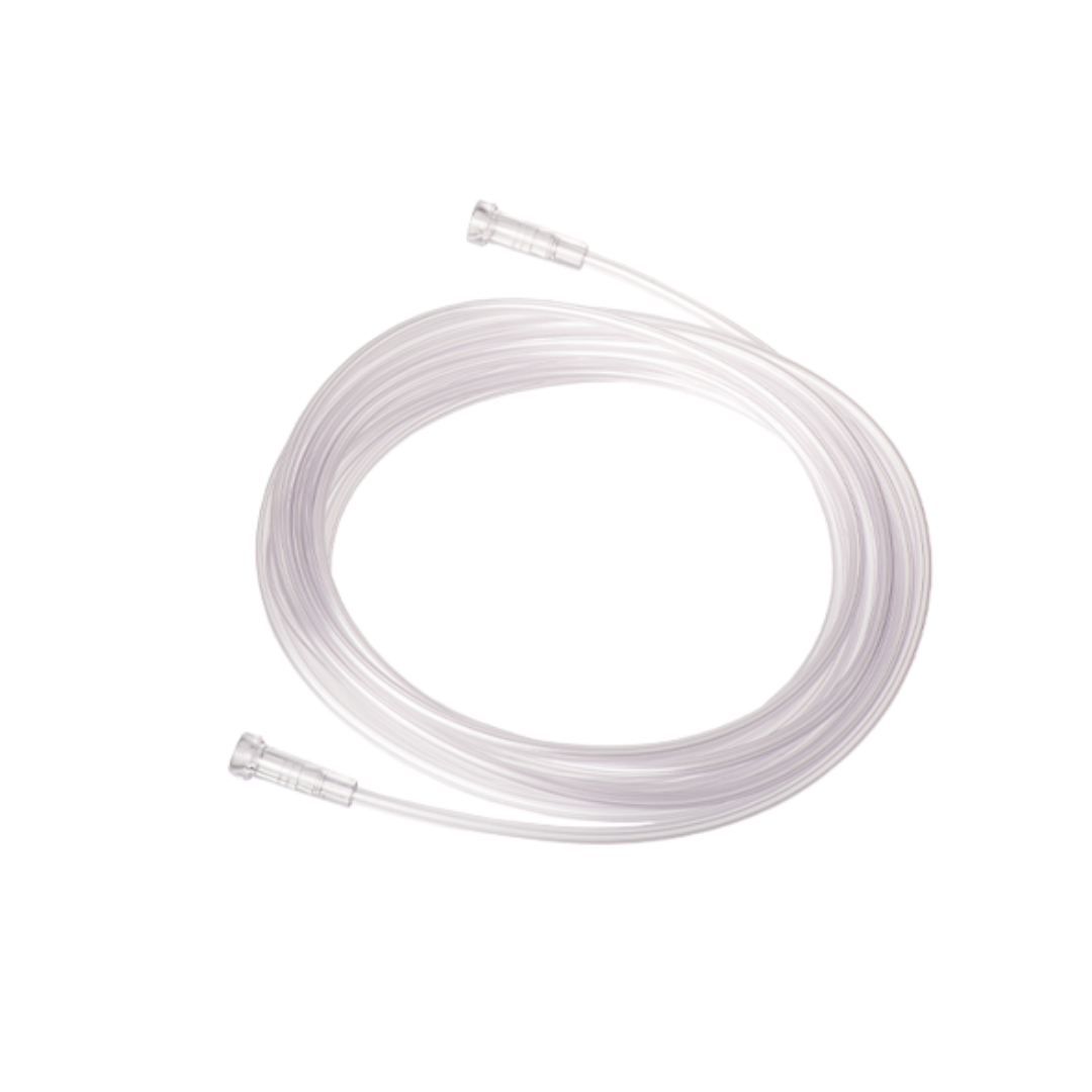 Disposable single-use oxygen tubing, clear medical-grade PVC, soft kink-resistant design, available in multiple lengths for safe respiratory care.
