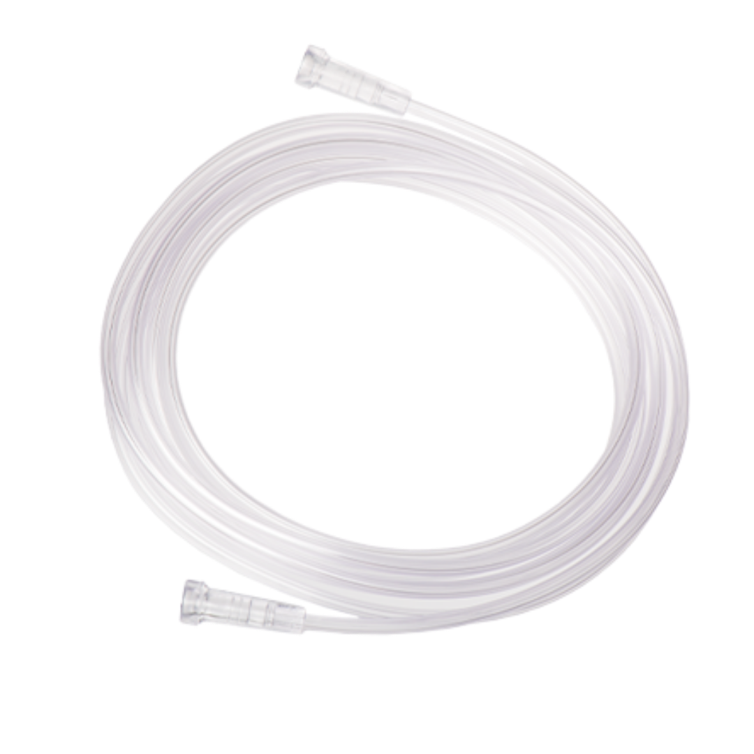 Disposable single-use oxygen tubing, clear medical-grade PVC, soft kink-resistant design, available in multiple lengths for safe respiratory care.