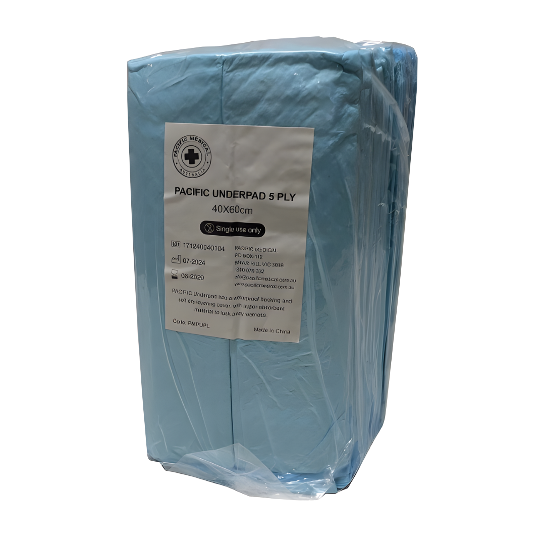 Pacific Medical 5ply Underpads, disposable absorbent pads for continence care, hygiene, and surface protection.