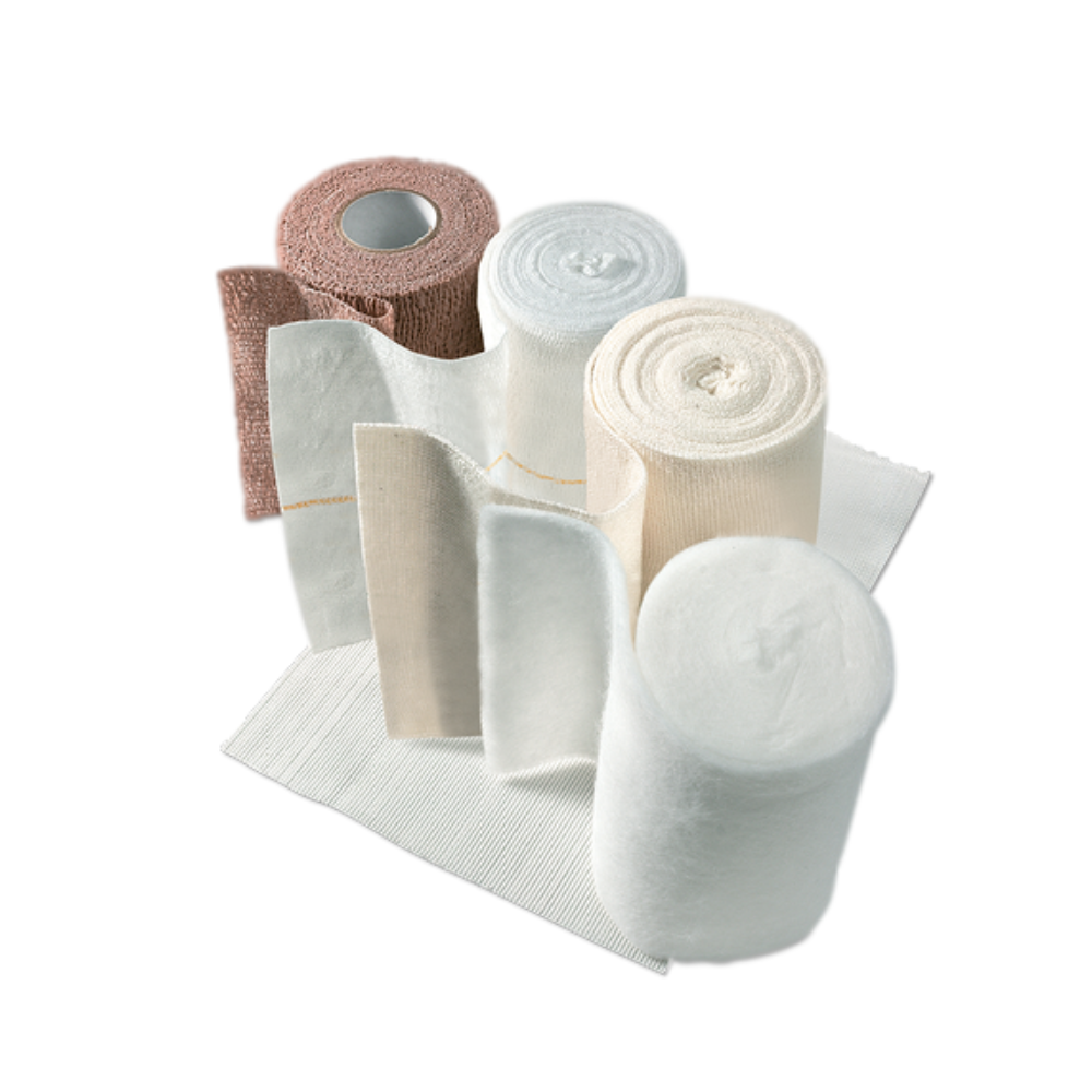 A variety of rolled bandages in different colors stacked on top of each other, typically used for medical or surgical purposes.