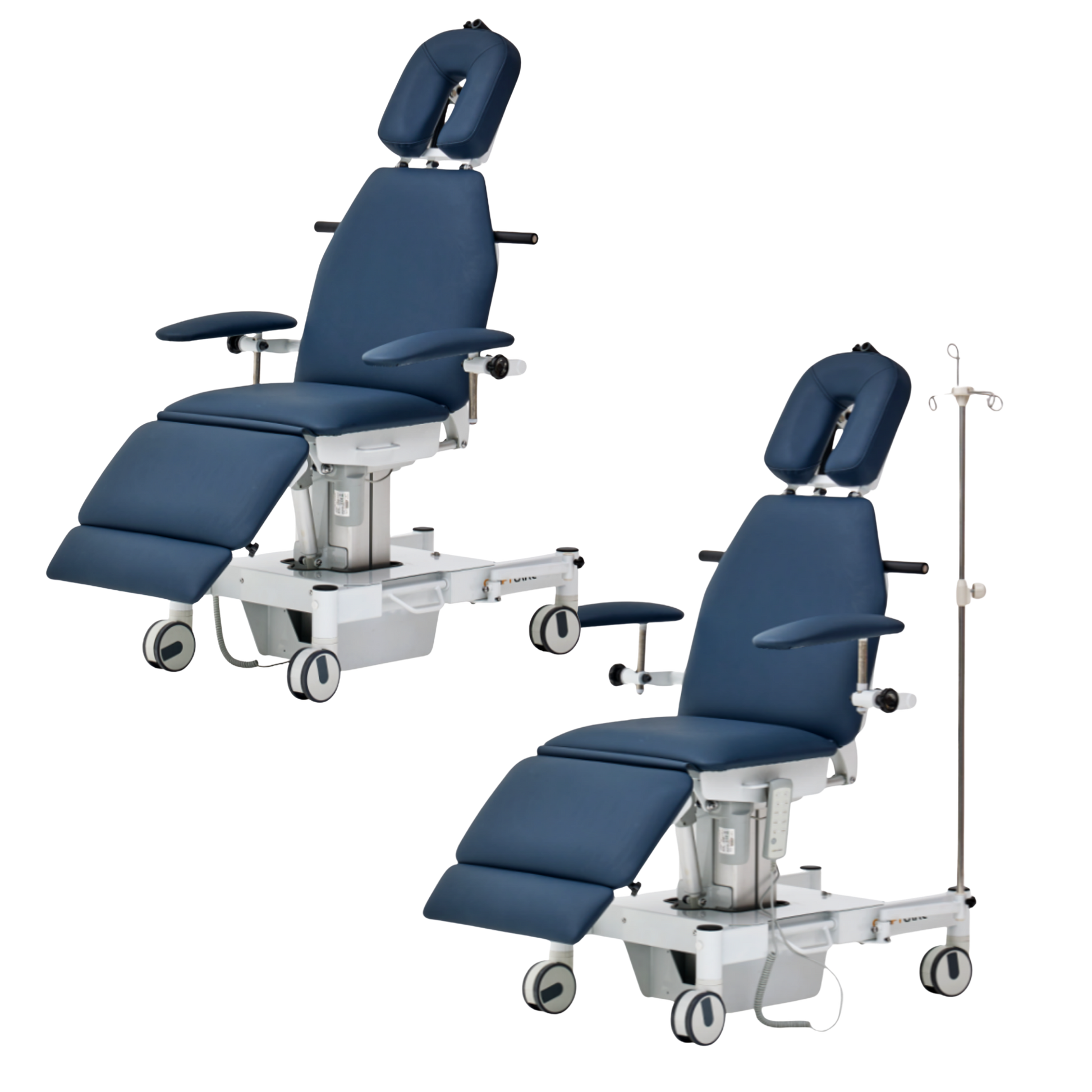 Two identical blue medical chairs on wheeled bases, one with an IV pole.
