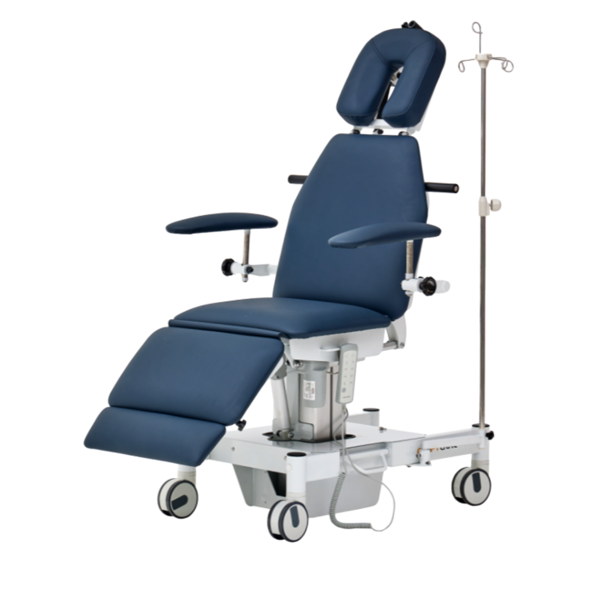 Blue adjustable medical exam chair with armrests, leg support, wheels, and IV stand.
