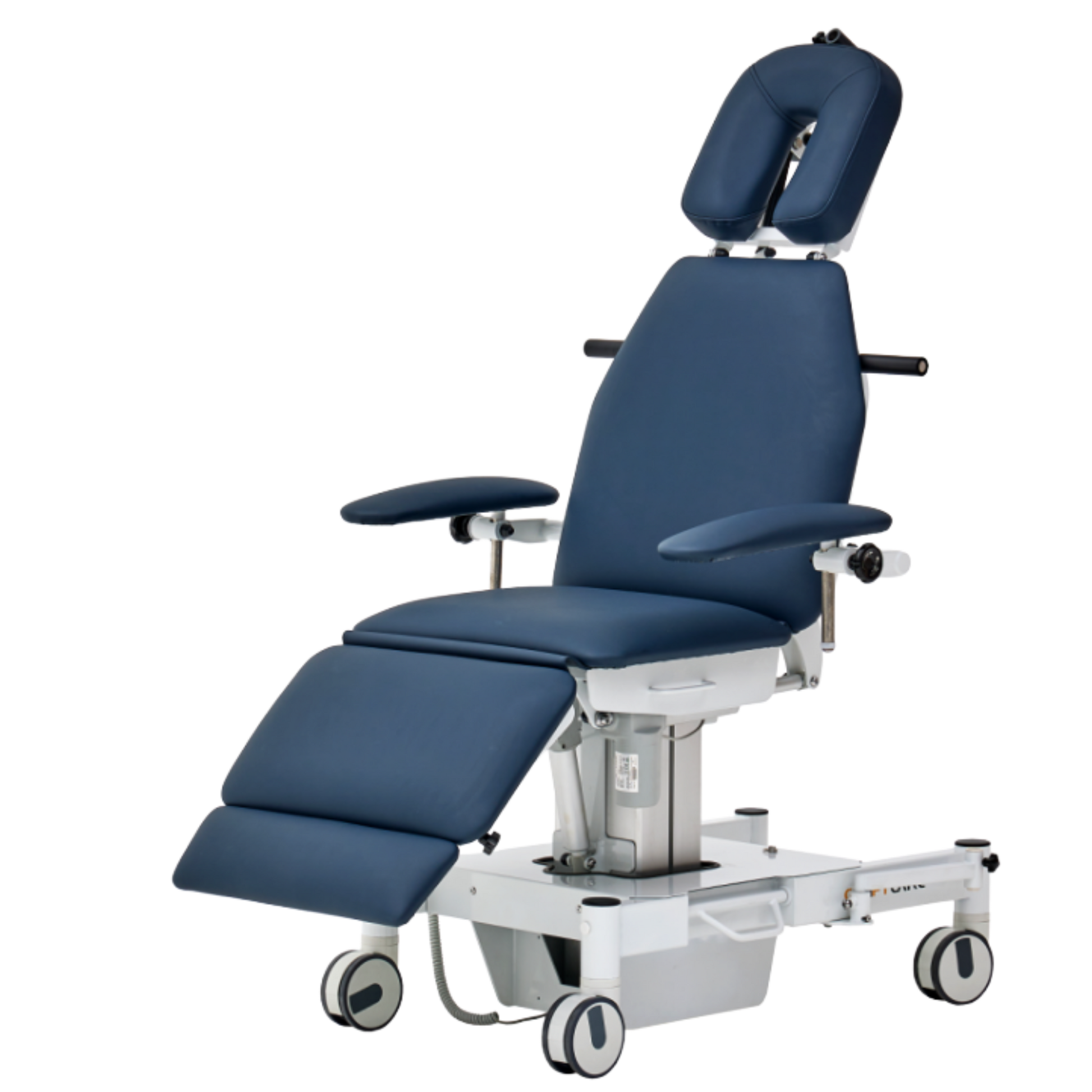 A medical procedural chair with dark blue upholstery, featuring an adjustable headrest with a face cutout, armrests, and a tiered leg rest, all mounted on a white wheeled base.