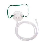 Paediatric clear oxygen mask with tubing, adjustable straps, and nose clip designed for safe, comfortable oxygen therapy for children.