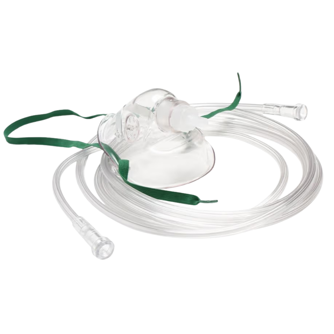 Paediatric clear oxygen mask with tubing, adjustable straps, and nose clip designed for safe, comfortable oxygen therapy for children.
