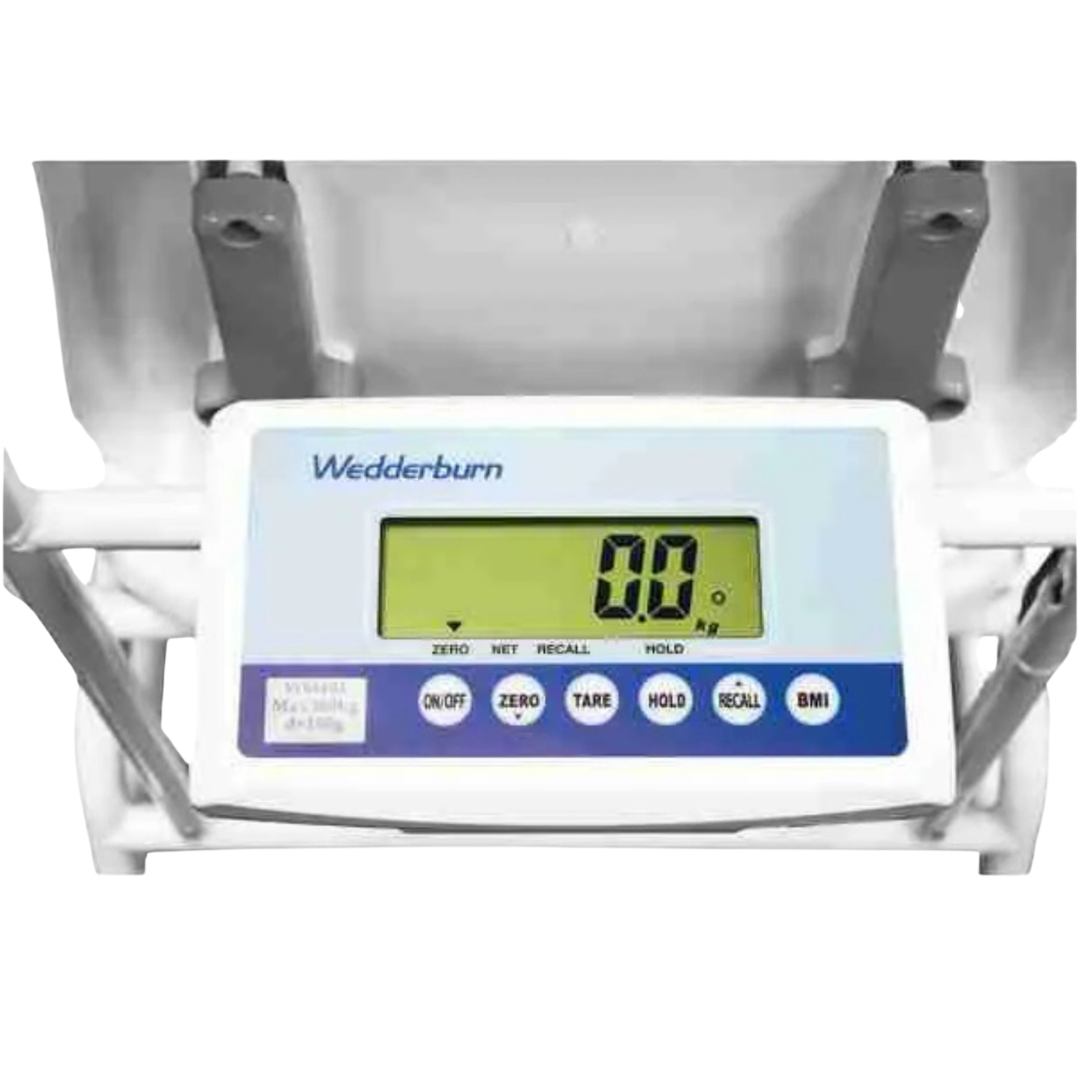 Patient wheelchair scale with sturdy platform, easy‑roll access, digital display, supports accurate weight monitoring and safe daily healthcare management.