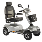 Peak Care Pioneer 10 mobility scooter in silver, designed for stable outdoor travel with comfortable seating, smooth controls, and durable construction for daily use.