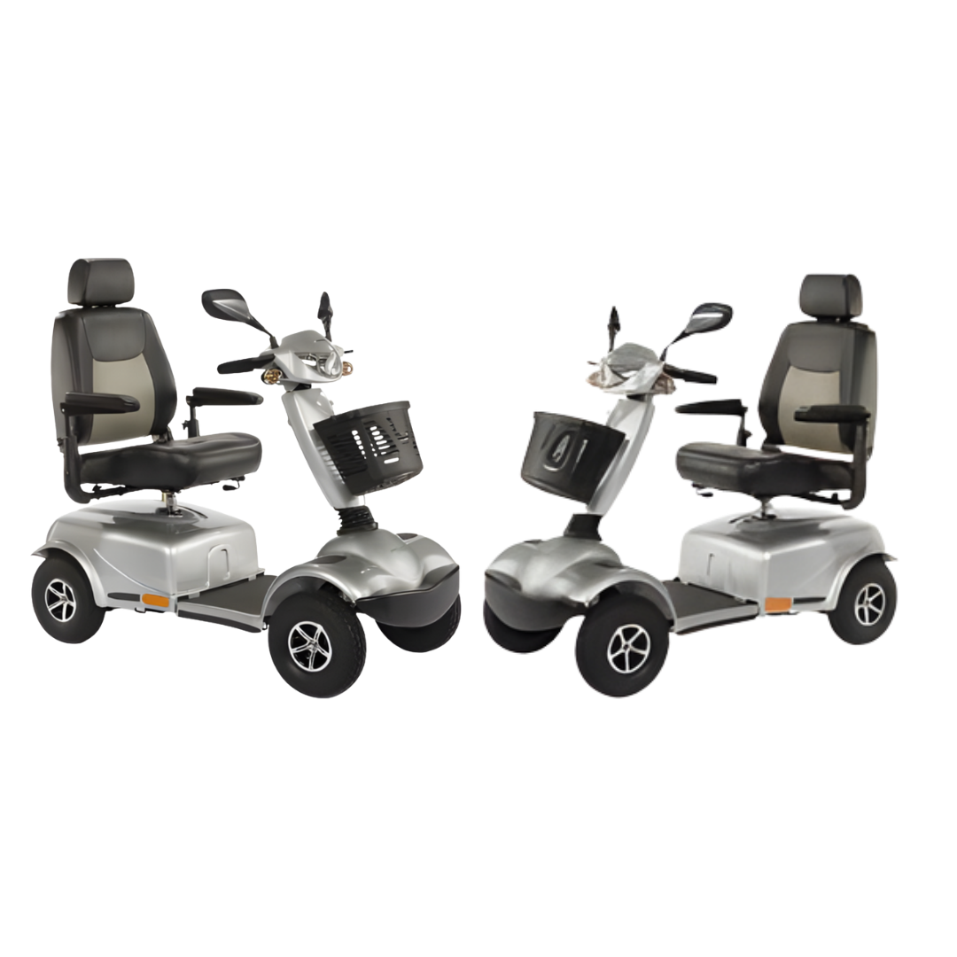 Peak Care Pioneer 10 mobility scooter in silver, designed for stable outdoor travel with comfortable seating, smooth controls, and durable construction for daily use.