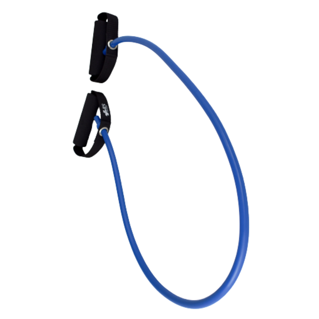 Physio/exercise/rehab medium-resistance Exertube exercise tube in blue, designed for strength and resistance exercises.