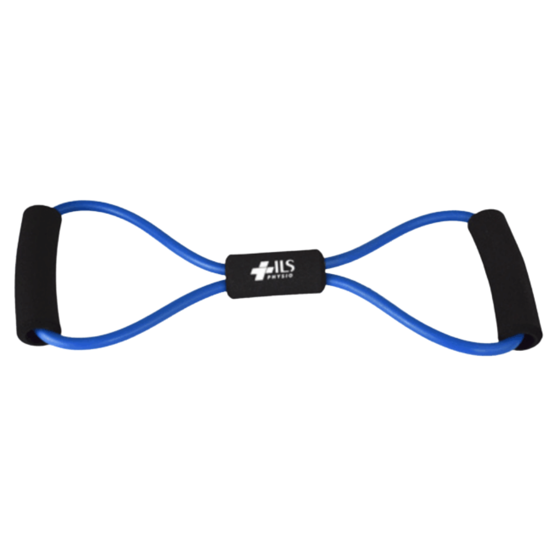 Physio/exercise/rehab figure-8 exercise tube, firm resistance, in blue.