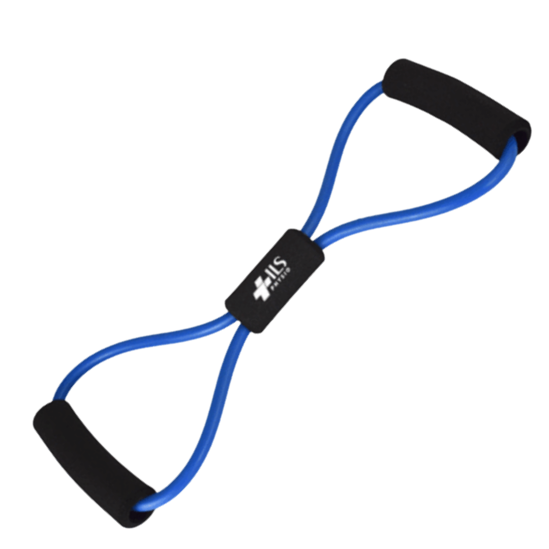 Physio/exercise/rehab figure-8 exercise tube, firm resistance, in blue.