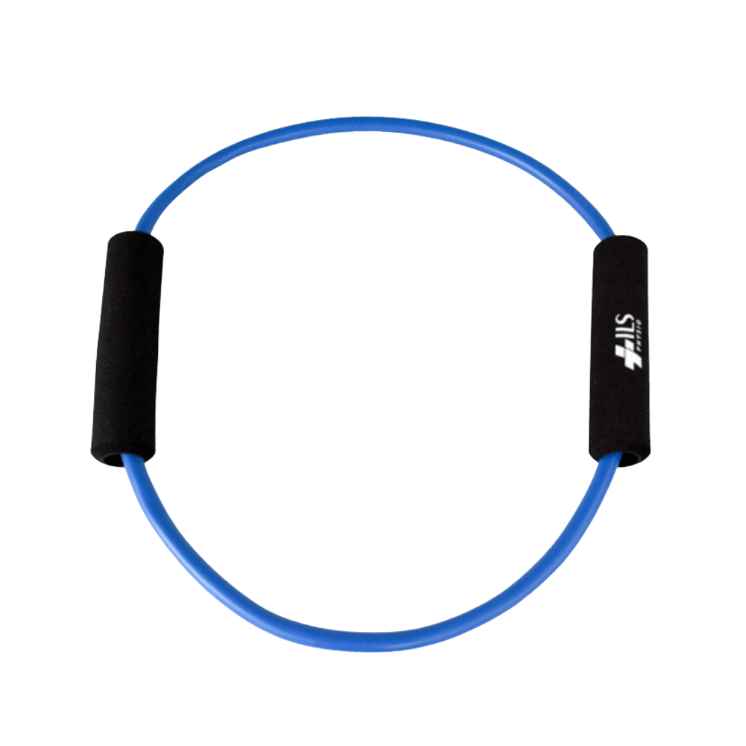 Physio/exercise/rehab O-ring exercise tube, firm resistance, in blue.