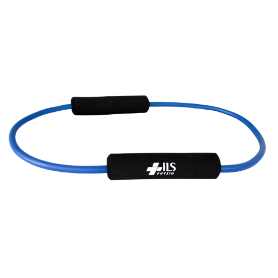 Physio/exercise/rehab O-ring exercise tube, firm resistance, in blue.