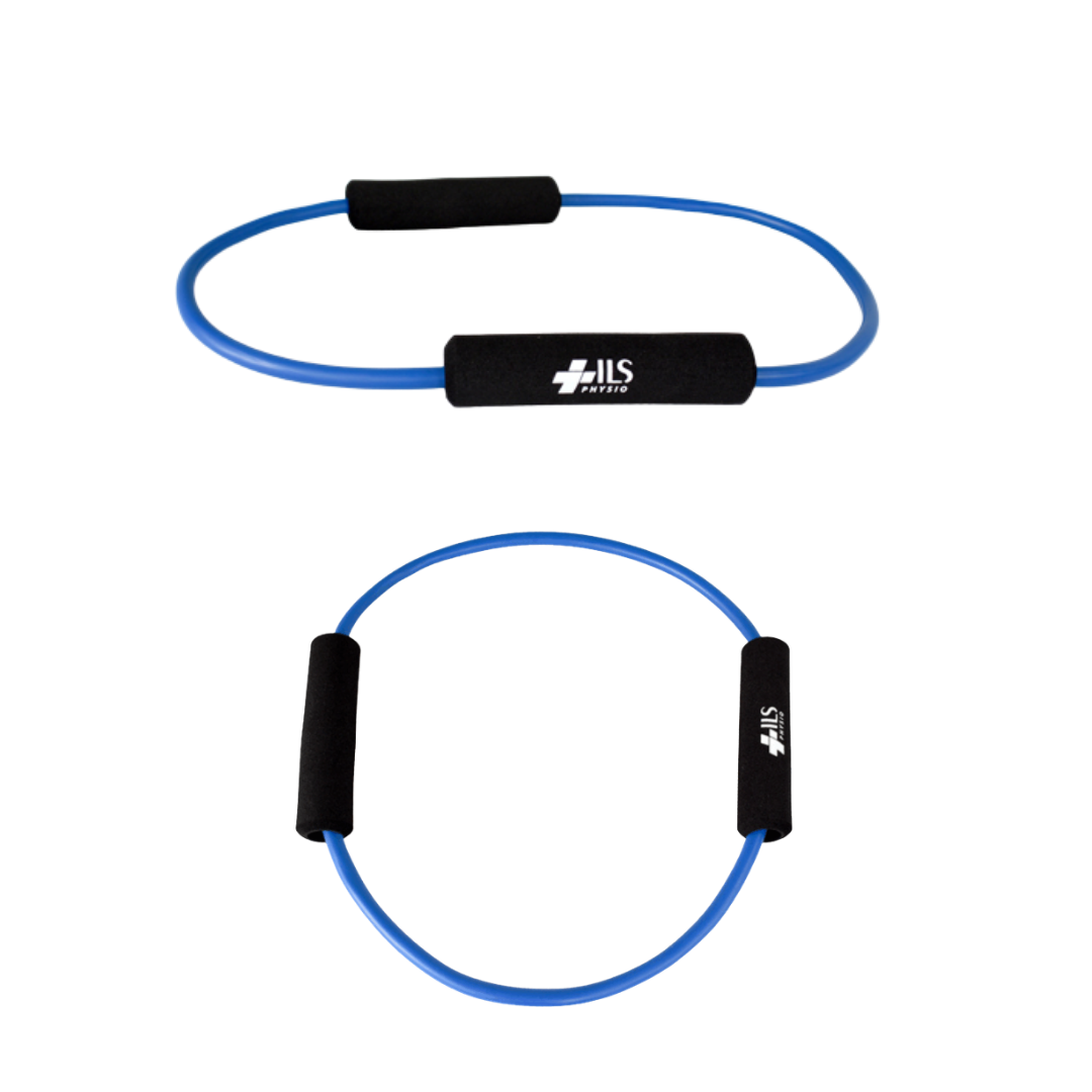 Physio/exercise/rehab O-ring exercise tube, firm resistance, in blue.
