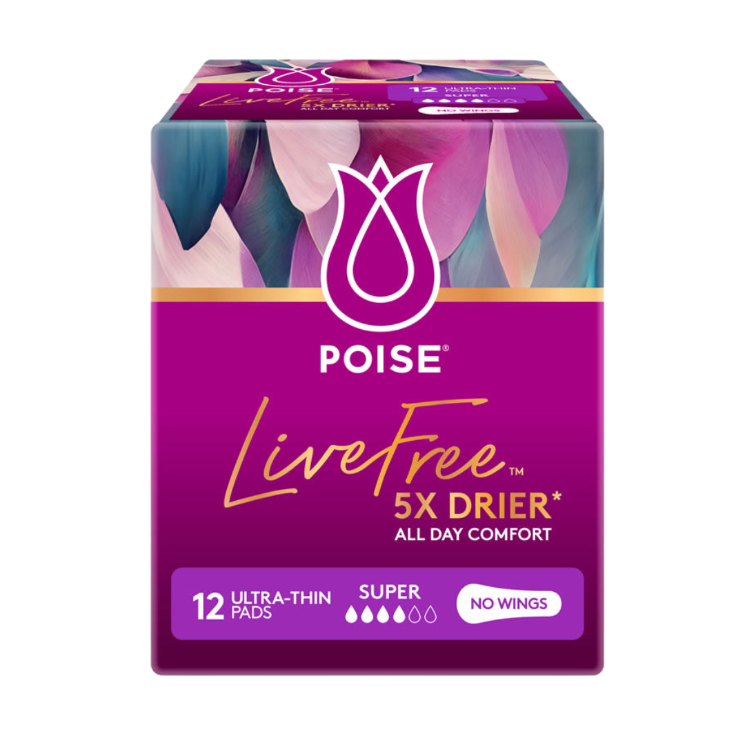 Poise LiveFree Non-Wing Pad Super – Discreet, absorbent pad for moderate bladder leakage with odour control