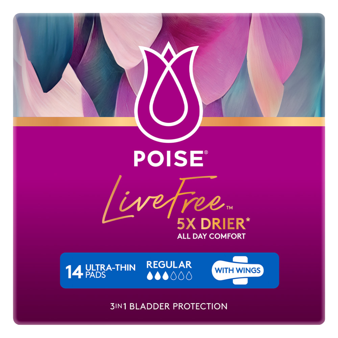 Poise LiveFree Pad Regular with Wings, shown in packaging and open view, featuring breathable cover and ABSORB-LOC® core for light incontinence protection.