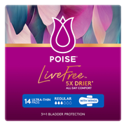 Poise LiveFree Pad Regular with Wings, shown in packaging and open view, featuring breathable cover and ABSORB-LOC® core for light incontinence protection.