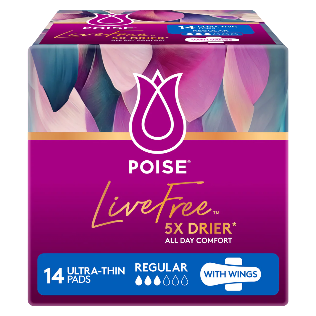 Poise LiveFree Pad Regular with Wings, shown in packaging and open view, featuring breathable cover and ABSORB-LOC® core for light incontinence protection.