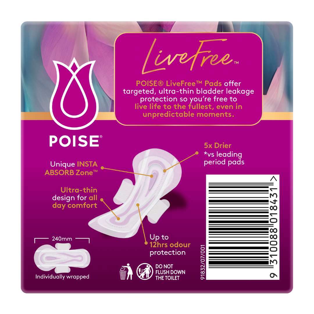 Poise LiveFree Pad Regular with Wings, shown in packaging and open view, featuring breathable cover and ABSORB-LOC® core for light incontinence protection.