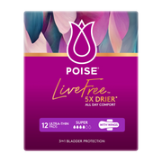 Poise Livefree Pad Super with Wings 150ml – discreet, secure-fit pad with 12-hour odour control and 150ml absorbency for light bladder leakage.